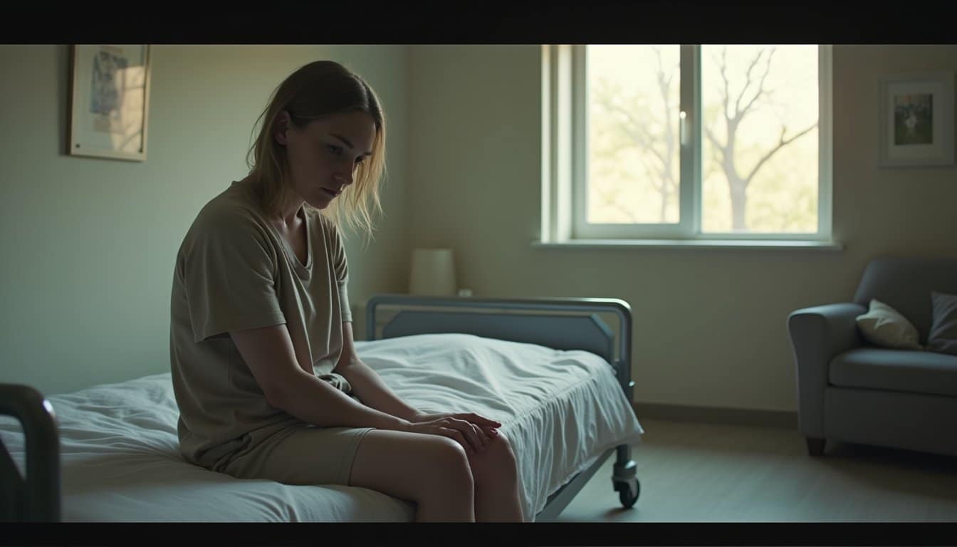 Person seated on a bed in a recovery setting, conveying exhaustion and vulnerability