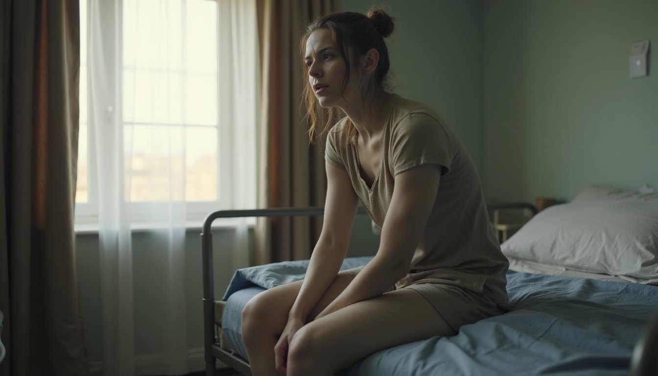 Person sitting on the edge of a bed in a residential recovery room, appearing pale and emotionally exhausted