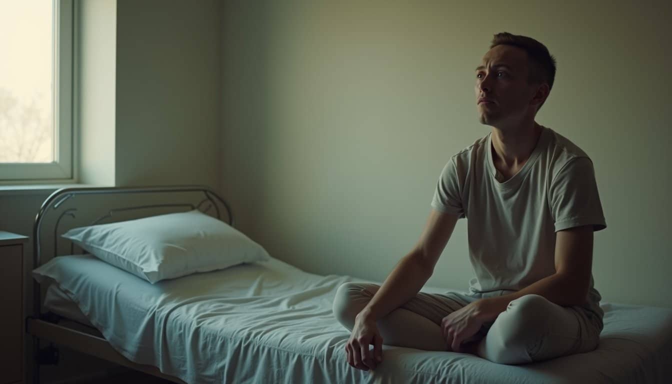 Adult sitting alone in a recovery room, bathed in soft window light