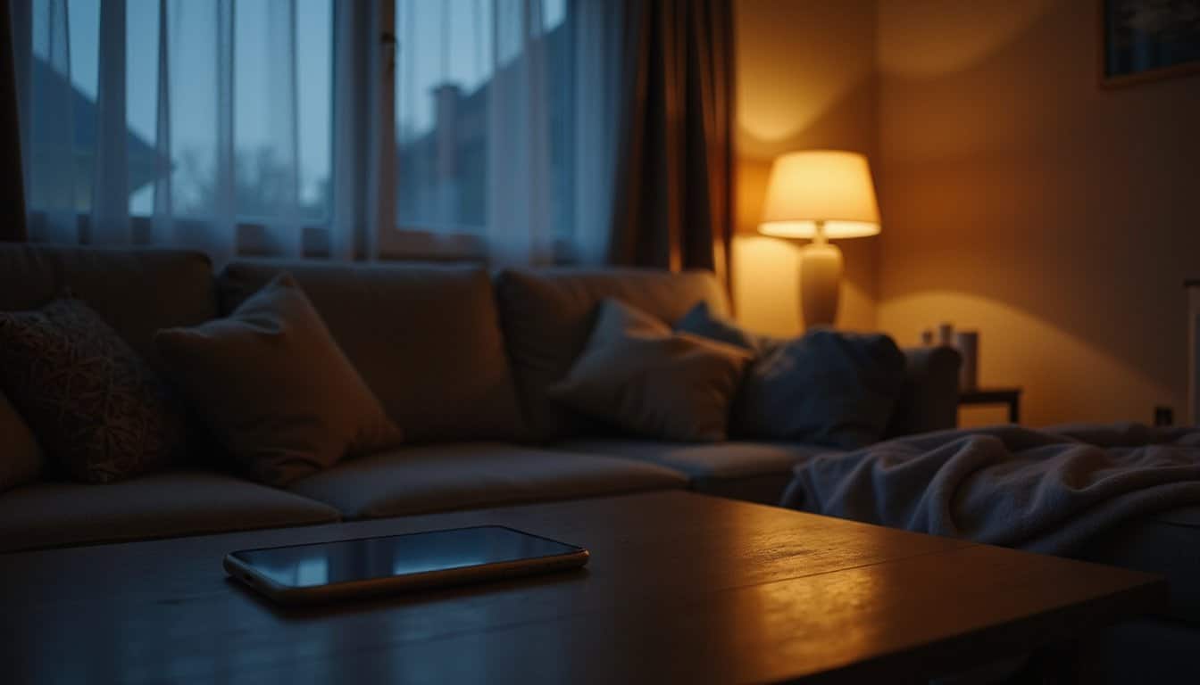 night time in a home and a cell phone resting on table while laps are on