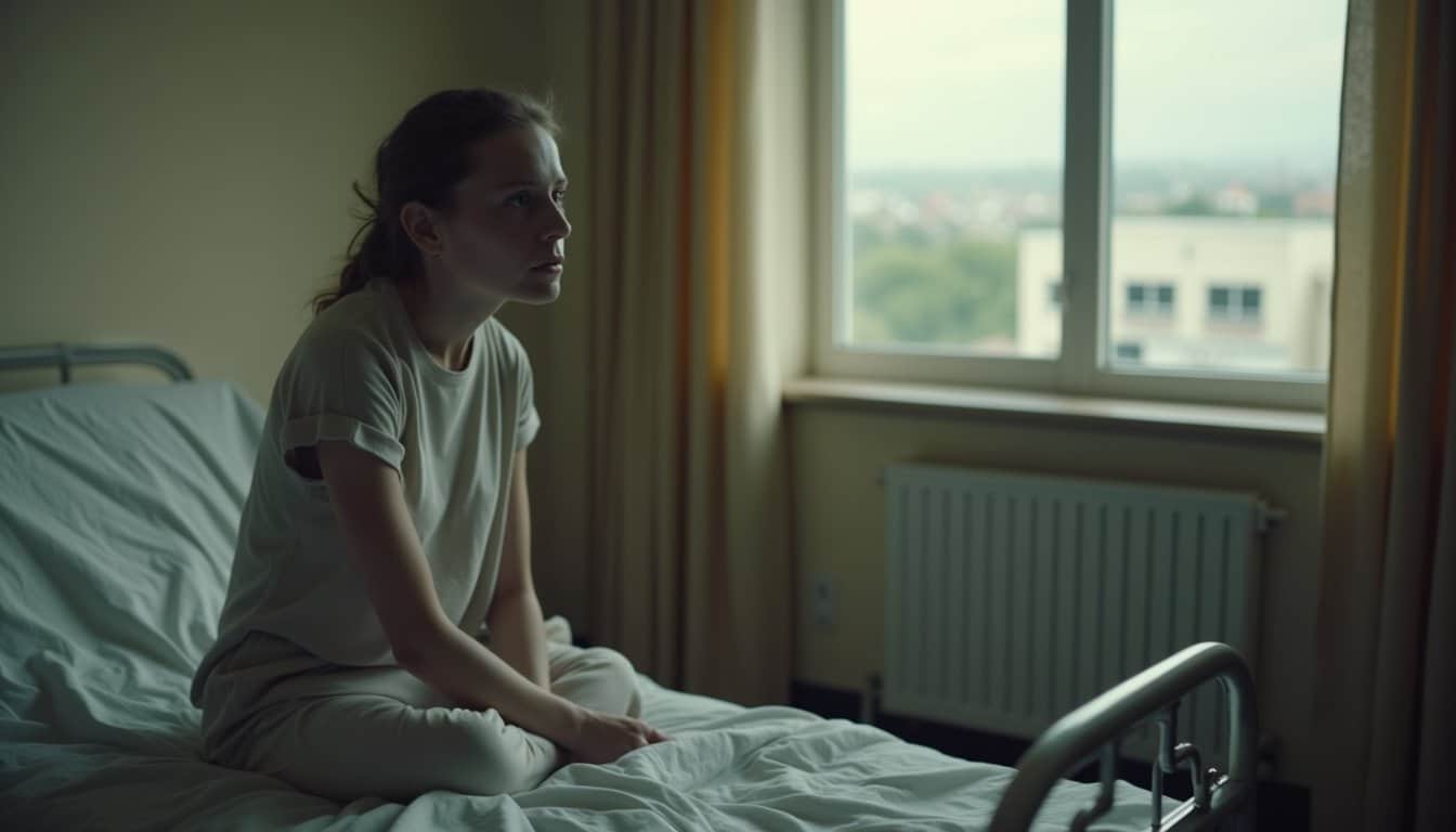 Adult in early recovery sitting quietly in a softly lit room