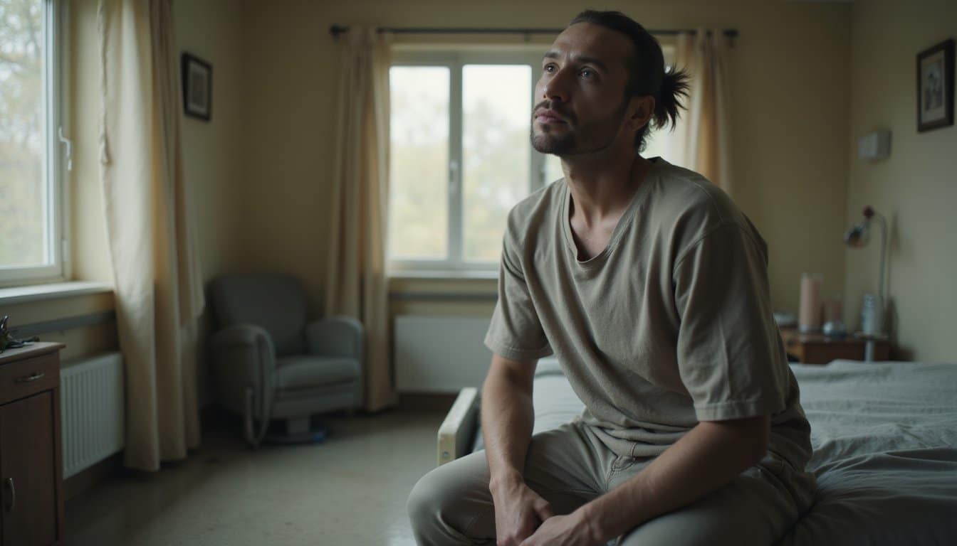 Adult in a residential recovery room appearing physically worn and emotionally distant