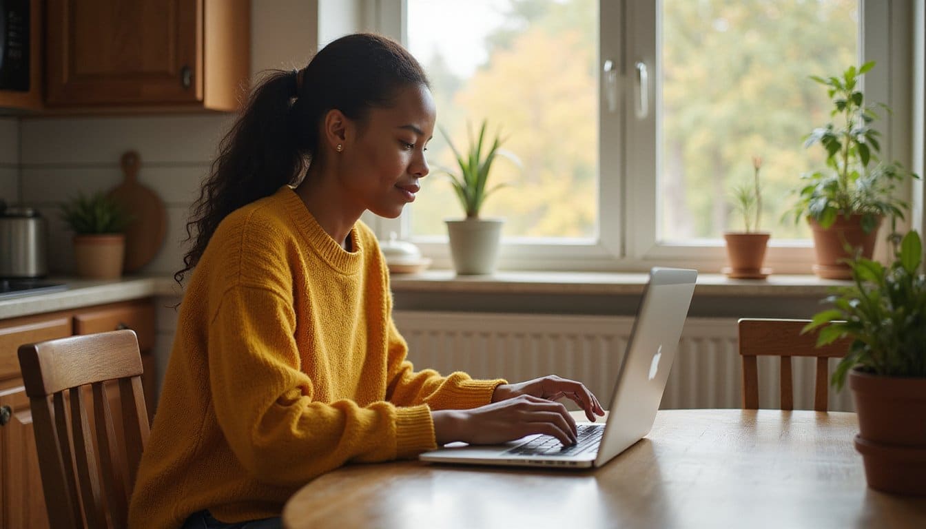 Woman using her laptop near a bright window in a peaceful, warmly lit residential treatment space