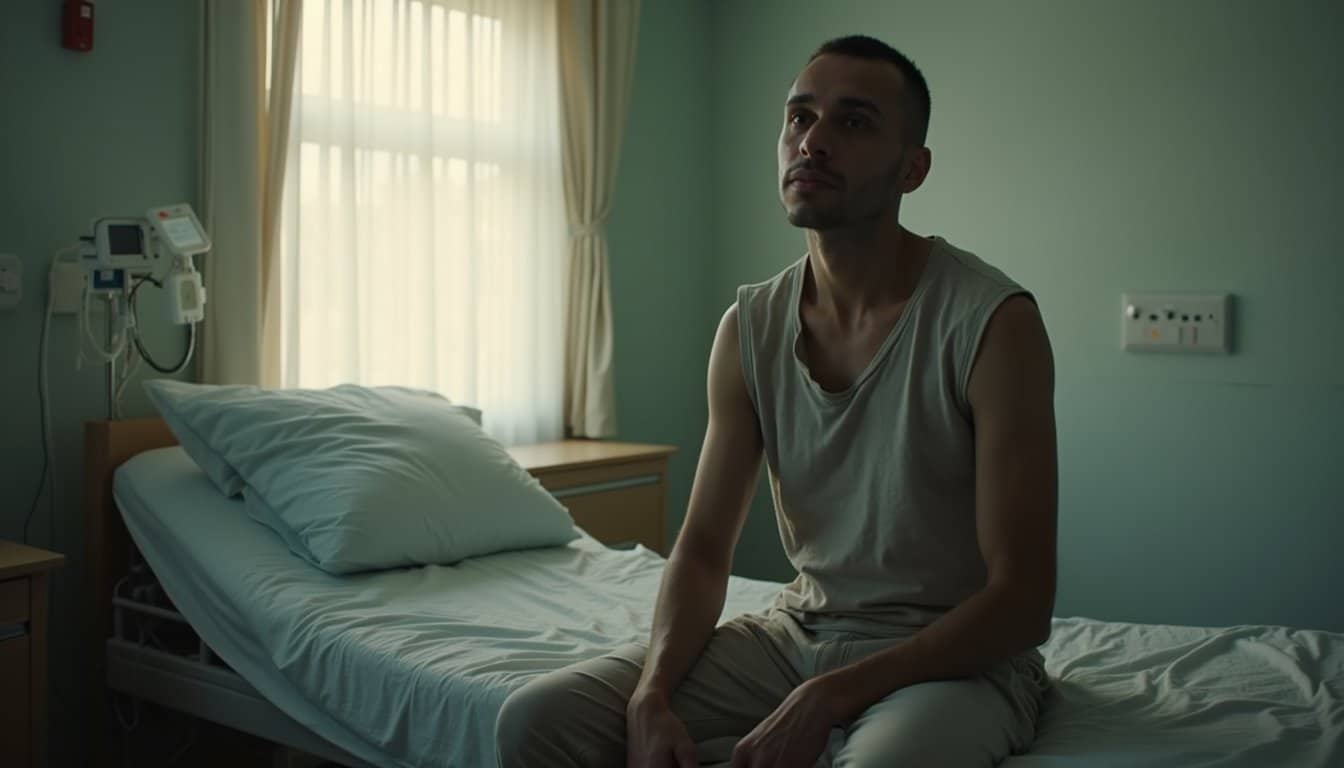 Adult resting on a bed in a recovery setting, appearing drained and introspective