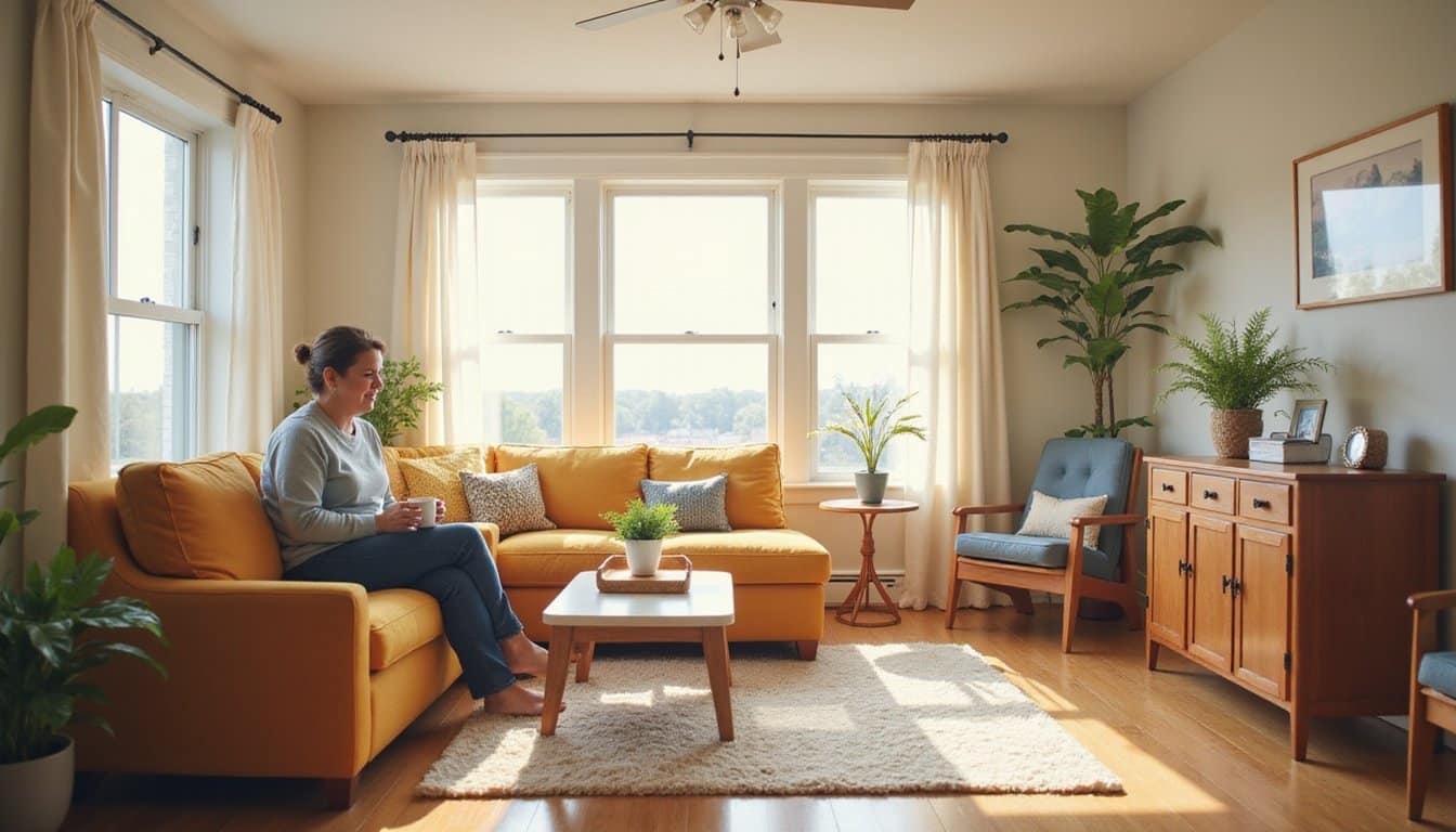 Woman sitting on a couch drinking coffee inside a residential treatment facility lounge