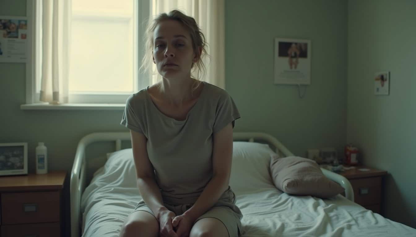 Adult in a recovery bedroom with tired posture and muted expression
