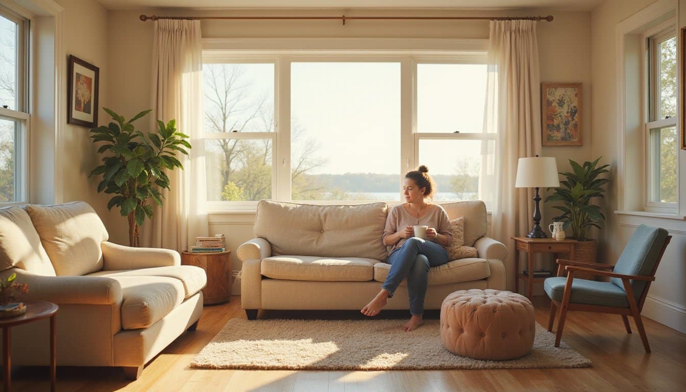 Woman sitting on a couch enjoying her coffee inside an inpatient facility