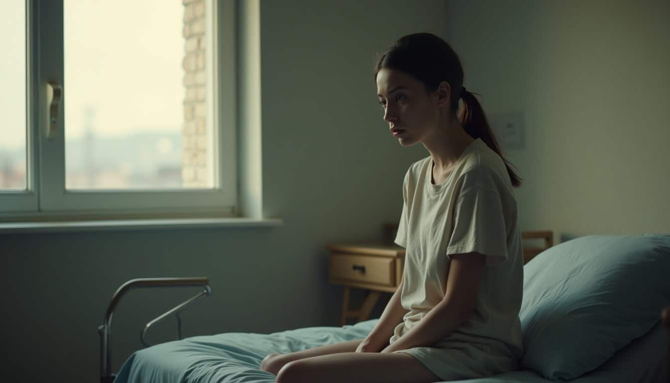 Individual in a residential treatment space reflecting the toll of substance recovery