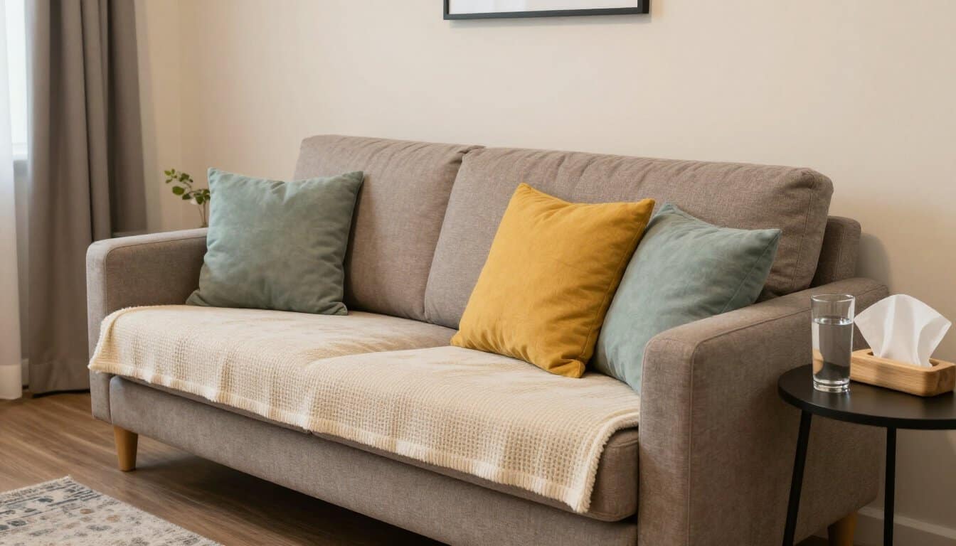 Cozy residential detox living room with a sofa, soft pillows, warm lighting, and a side table with water and tissues.