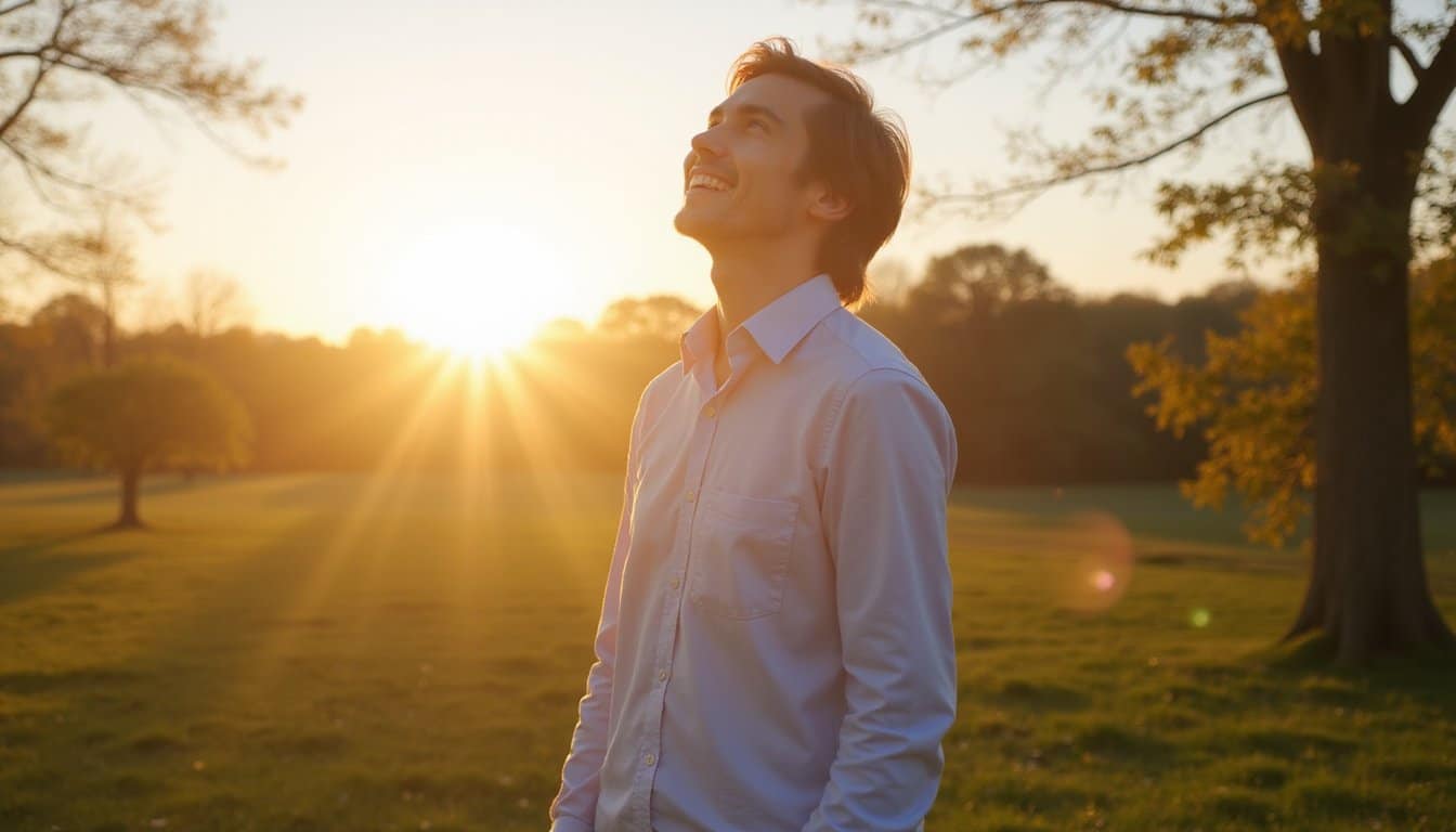 Man standing in a field smiling while sun sets