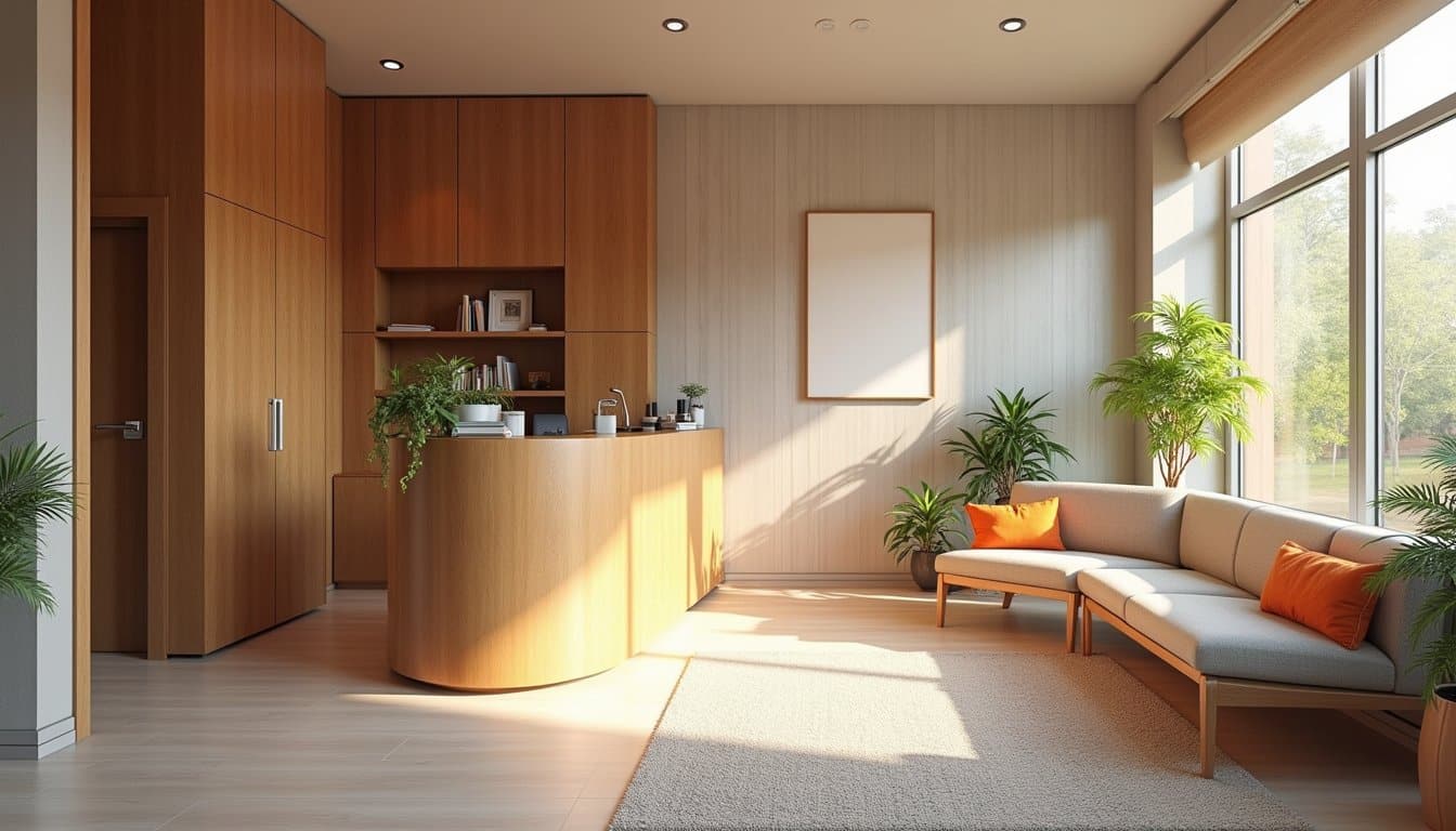Cozy residential detox center reception area with warm wood accents, soft natural light, and comfortable seating.