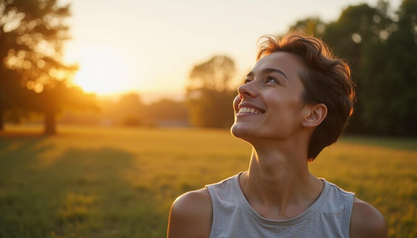 Single adult at a peaceful retreat, relaxed and hopeful