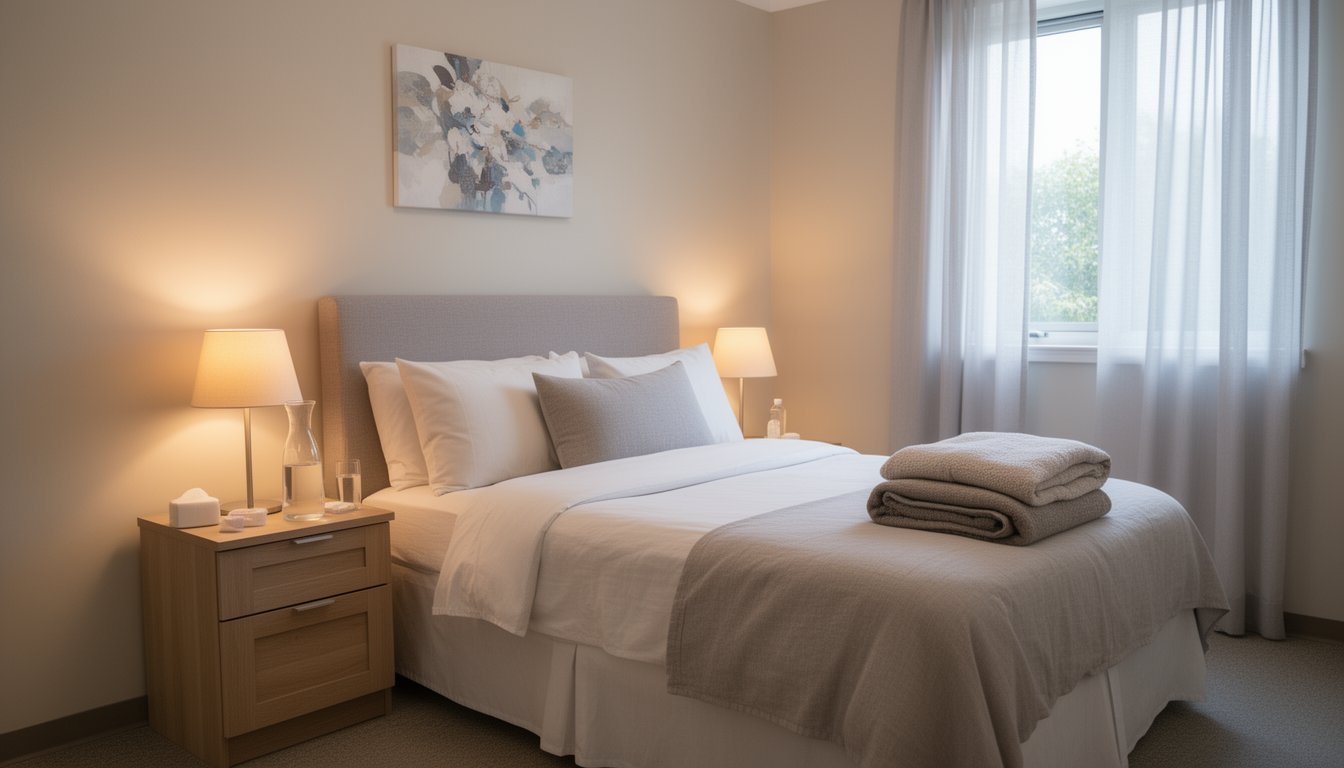Inviting treatment center bedroom with neutral decor, folded blanket, and glass water carafe.