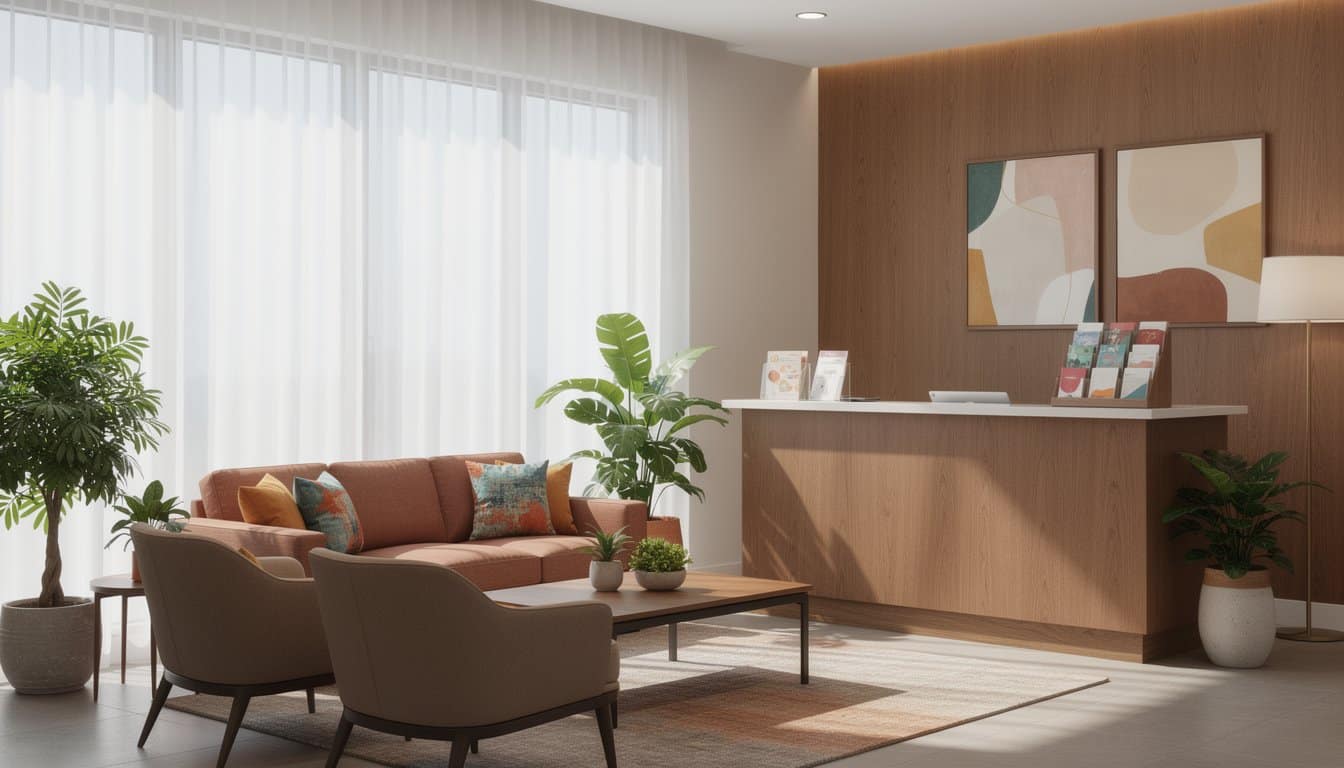 Welcoming detox center lobby featuring calming plants, wood details, and neatly arranged brochures.