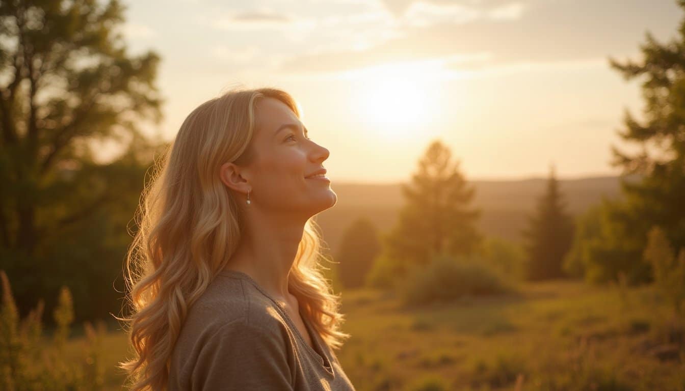 Adult in serene landscape, sunlight illuminating face