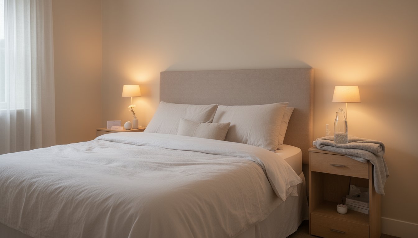Comfortable residential detox bedroom with soft sheets, bedside lamp light, and tidy nightstand.