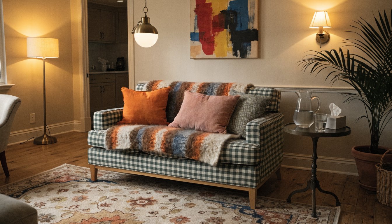 Home-like detox center lounge featuring a comfortable couch, blanket, and softly lit interior.